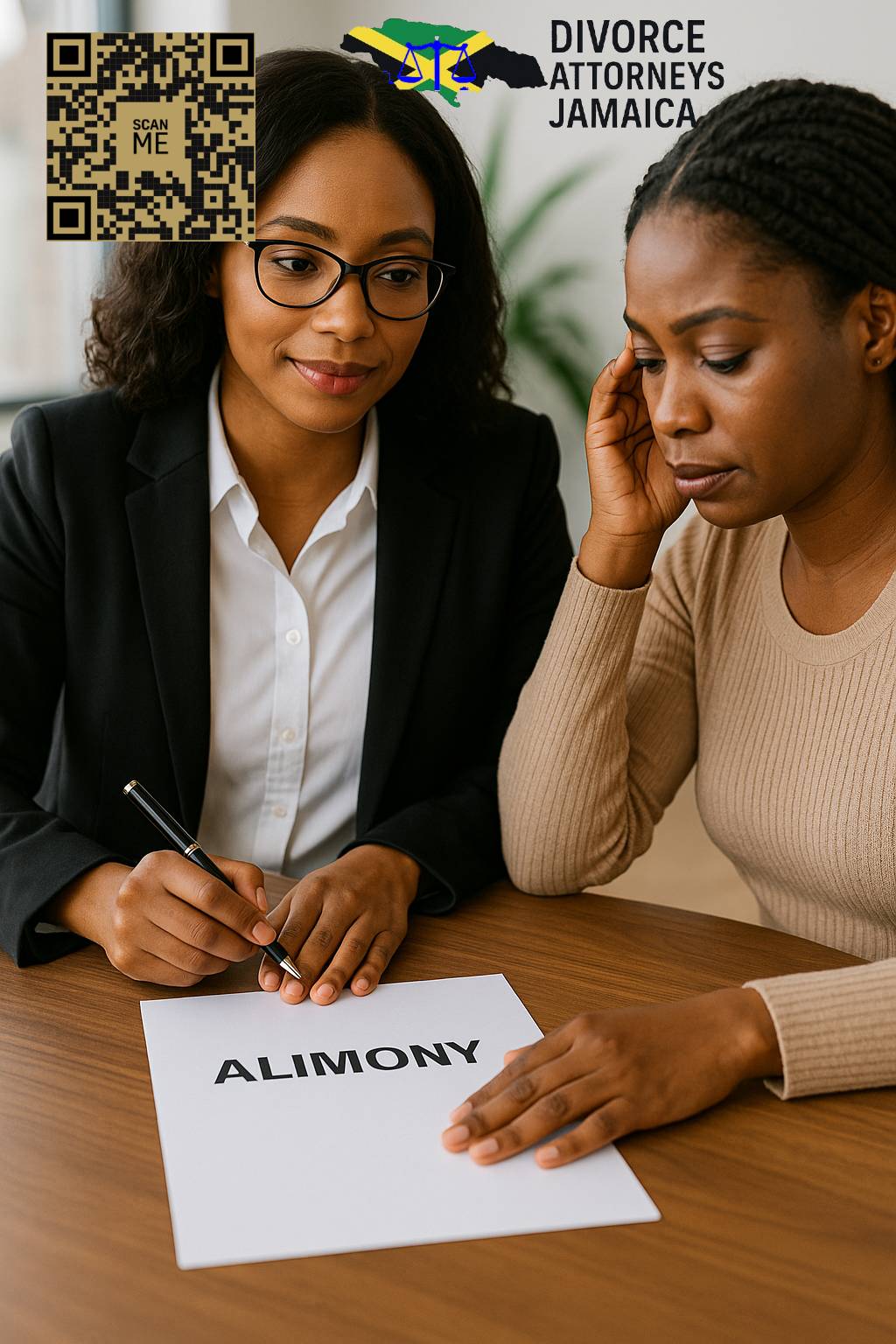 Black female lawyer speaking with client about alimony